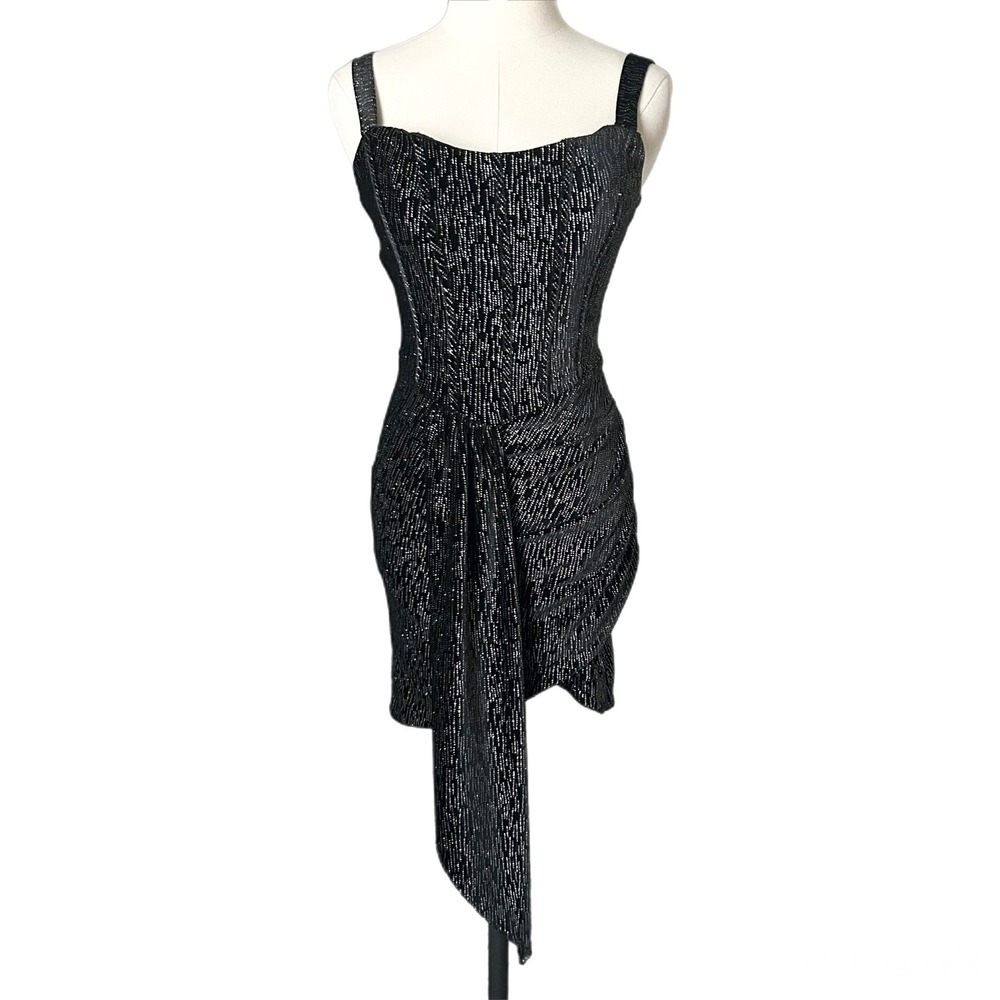 Lavish Alice Altered Crystal Velvet Mini Dress Black Metallic Corset Drape Sz 4